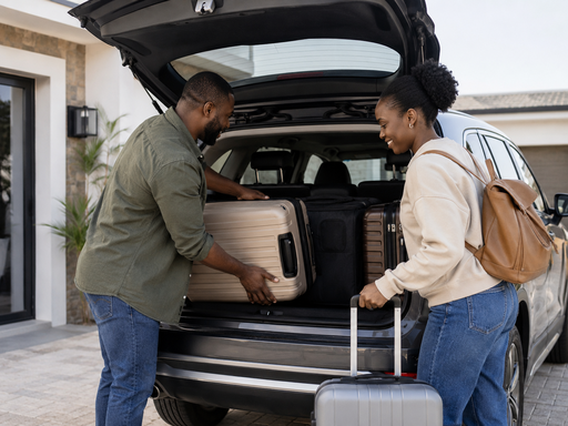 Travelers loading their luggage into a vehicle