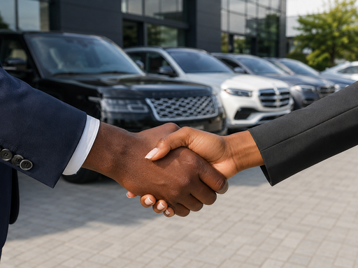 Two people shaking hands in front of a selection of cars